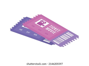 Two isometric cinema tickets on white background vector illustration