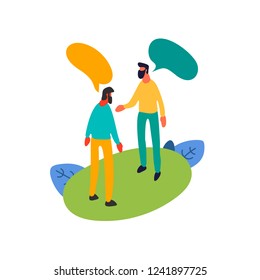 Two isometric colleagues have conversation. Team has a business discussion. Flat characters for Your design solutions.