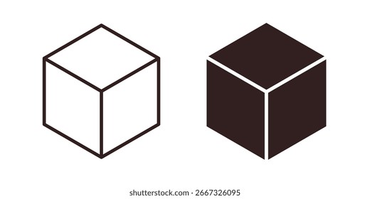 Zwei isometrische Würfel-Symbole, ein schwarzer und ein Umriss, einzeln auf weißem Hintergrund. Einfache geometrische Formen.