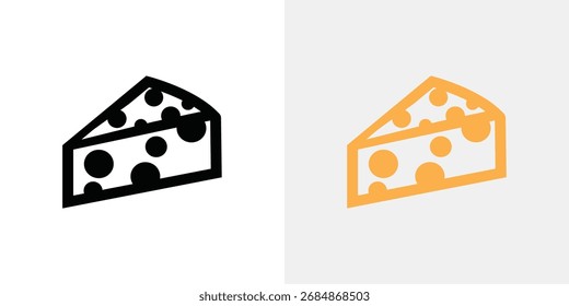 Dois desenhos isométricos de cunhas de queijo, um em preto e branco e o outro em amarelo e branco.