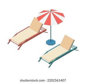 Two isometric empty beach lounges and umbrella 3d vector illustration