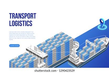 Two isometric freight vessels loaded with cargo containers near description for website page