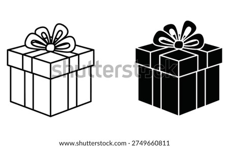 Two isometric gift box icons with bows, one in outline style and the other as a solid silhouette. Perfect for representing celebrations, surprises, and special occasions.