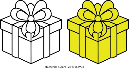 Two isometric gift box illustrations, one black outline, one yellow filled, both with a central bow. Simple, cartoonish style.