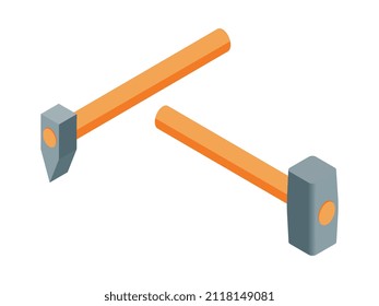 Two isometric hammers of different side on white background isolated vector illustration