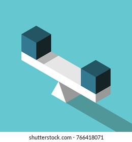 Two isometric identical blue cubes on seesaw scale on turquoise background. Balance, equality, choice and comparison concept. Flat design. Vector illustration, no transparency, no gradients