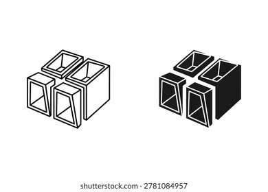 Two isometric illustrations of a cube structure. One is a line drawing, the other is a solid black fill. Both show four cube segments arranged in a 2x2 grid.