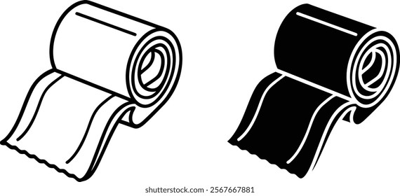 Two isometric illustrations depict rolls of adhesive tape one is a white line drawing, the other a solid black icon. Both show a partially unwound roll.