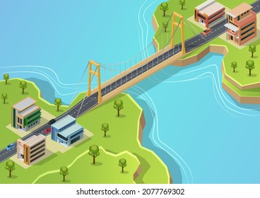 two isometric Islands with buildings connected by bridges