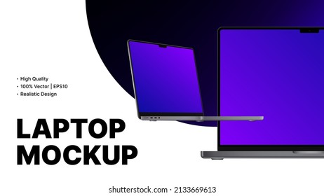 Two Isometric Laptops with Editable Screens Mockup. Simple Banner, Realistic Design. Vector illustration