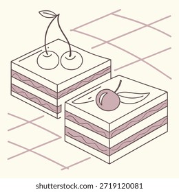 Dos pasteles en capas isométricas con aderezos de cereza y líneas de rejilla Abstractas comida de postre
