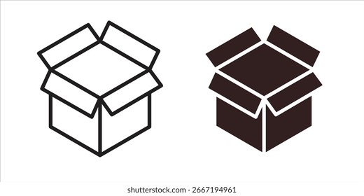 Two isometric open box icons: one line art, one solid. Perfect for packaging, delivery, or shipping concepts.
