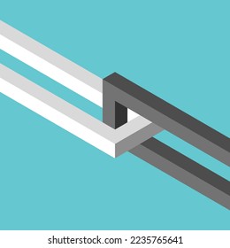 Two isometric opposite links connected. Opposition, togetherness, strength, bond, marriage, fidelity, relationship and codependency concept. Flat design. EPS 8 vector illustration, no transparency