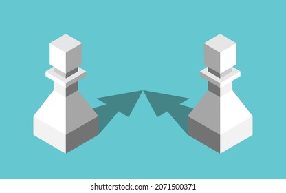 Two Isometric Pawns With Arrows Converging. Convergence, Attraction, Compromise And Closeness Concept. Flat Design. EPS 8 Vector Illustration, No Transparency, No Gradients