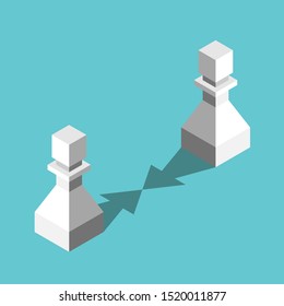 Two isometric pawns with arrows on turquoise blue background. Attraction, opposition and relationship concept. Flat design. EPS 8 vector illustration, no transparency, no gradients