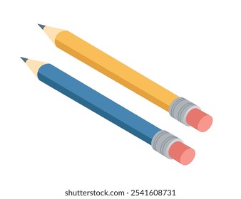 Dos lápices isométricos en amarillo y azul con borradores, escritura, creatividad y educación. Adecuado para oficina, escuela y visuales artísticos. Ilustración vectorial aislada en blanco.