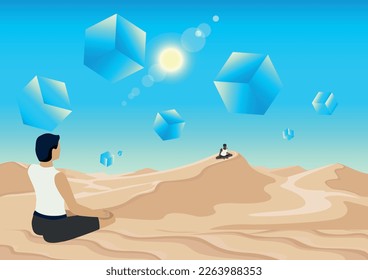 Two isometric people in the desert, know themselves, against the background of the blue sky of the bright sun and flying isometric cubes.
vector illustration.