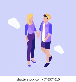Two isometric people get acquainted. Holding hands. Concept business vector illustration