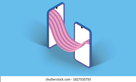 Two isometric phones and 3d line between them