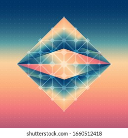 Two isometric prism with the reflection of the space and abstract  design element on blurred background. Vector futuristic multifunctional backdrop. Poster for interior design.