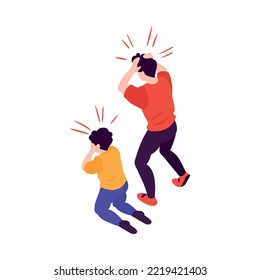 Two isometric shocked people in panic back view on white background 3d vector illustration