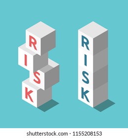 Two isometric stacks of cubes, stable and unstable, on turquoise blue background. Risk management, investment and stability concept. Flat design. Vector illustration, no transparency, no gradients