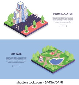 Two Isometric Urban Horizontal Banner Set With Cultural Center And City Park Descriptions Vector Illustration