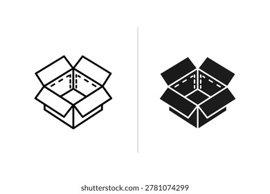 Two isometric vector illustrations of an open cardboard box. One is a line drawing, the other is a solid silhouette.