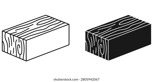 Two isometric views of a wood grain lumber plank one line drawing one solid black. Useful for construction and material representation.