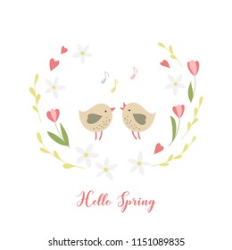 Two ittle birds, flowers and handwritten inscription Hello spring.