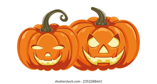 Two jack o lantern pumpkins with faces on them. Halloween pumpkin. Design element for Halloween, Thanksgiving, harvest festival. Diet vegetable. Vector illustration.