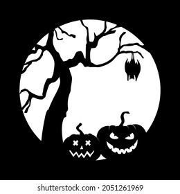 Two jack-o'-lanterns near a scary tree with a hanging bat. Halloween sticker.