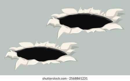 Two jagged holes in a paper surface