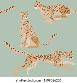Two jaguars on a green background seamless vector illustration. Picture with exotic african animals. Seaform colors endless pattern. EPS 10
