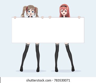 Two Japanese Asian woman hold a white billboard in hands and smiling.Full-length Isolated portrait. Cartoon anime manga schoolgirl character. White paper mockup