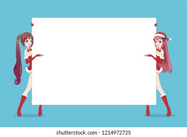 Two Japanese Asian woman looks out from behind the poster and smiling. Isolated portrait. Cartoon anime manga schoolgirl character. White paper mockup