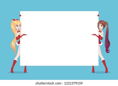 Two Japanese Asian woman looks out from behind the poster and smiling. Isolated portrait. Cartoon anime manga schoolgirl character. White paper mockup