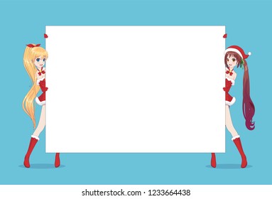 Two Japanese Asian woman looks out from behind the poster and smiling. Isolated portrait. Cartoon anime manga schoolgirl character. White paper mockup