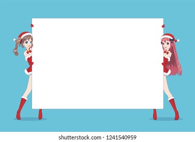 Two Japanese Asian woman looks out from behind the poster and smiling. Isolated portrait. Cartoon anime manga schoolgirl character. White paper mockup