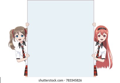 Two Japanese Asian woman looks out from behind the poster and smiling. Isolated portrait. Cartoon anime manga schoolgirl character. White paper mockup
