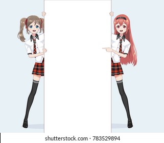 Two Japanese Asian woman looks out from behind the poster and smiling. Points to the center Isolated full-length portrait. Cartoon anime manga schoolgirl character. White paper mockup