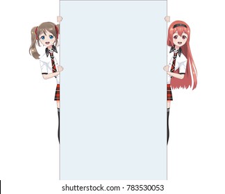 Two Japanese Asian woman looks out from behind the poster and smiling. Isolated full-length portrait. Cartoon anime manga schoolgirl character. White paper mockup