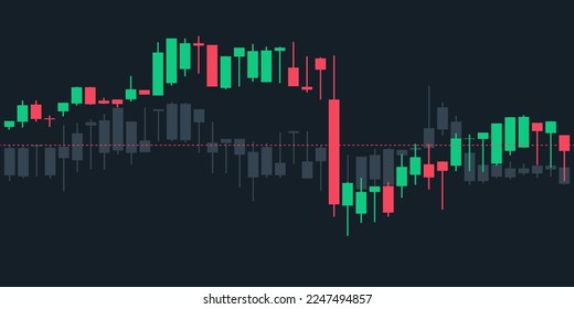 Two Japanese candlestick graph charts on dark blue background with dash line. Market investment. Forex trading, stock exchange and crypto price technical analysis vector illustration. Traders tool