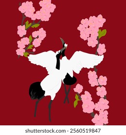 Two Japanese Cranes with a beautiful backdrop of cherry blossom. Vector illustration. 
Perfect for home decoration or textile.