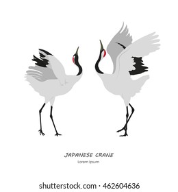 Two Japanese Cranes dancing on a white background. Vector illustration