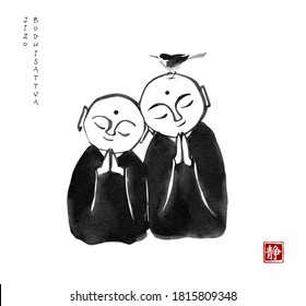 Two japanese jizo boddhisattvas and little bird. Traditional Japanese ink wash painting sumi-e. Hieroglyph - silence
