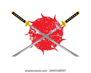 Two japanese katana with thorny circle vector. Samurai, kanata swords, samurai katana icon. Can use for logo, infographic, banner, poster, web design. Isolated for web design on white background