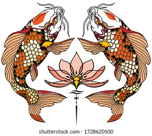 two Japanese koi carp fishes and water lily flower. Tattoo. Vector illustration