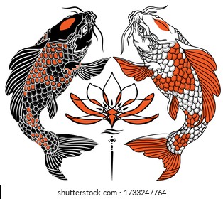 two Japanese koi carp and water lily flower. Black white red. Tattoo. Vector illustration