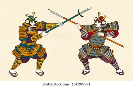 Two Japanese samurai in amour fighting through sword